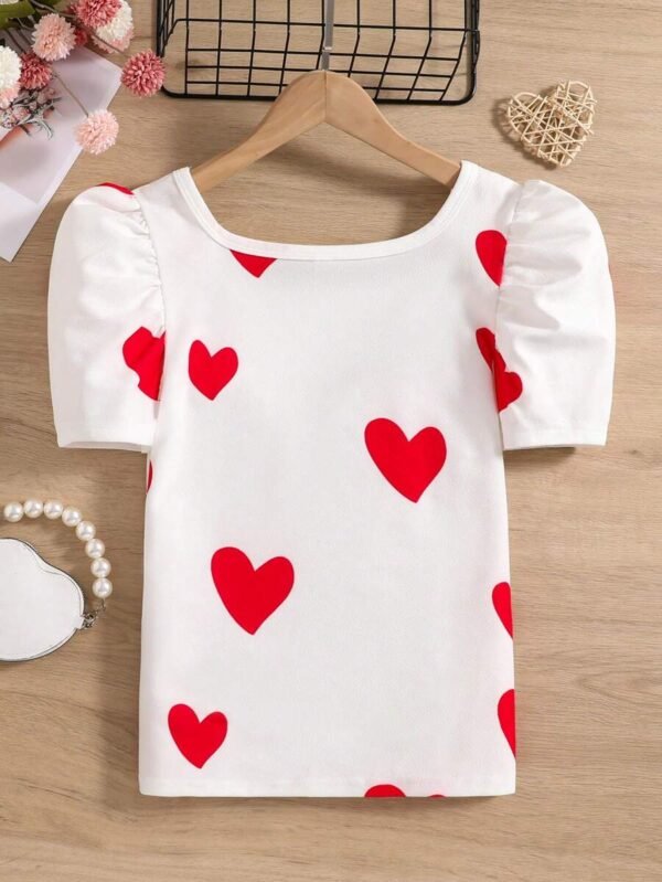 Camiseta Estampada Para Mujeres Adolescentes Con Manga Inflada Y Estampado De Amor - Imagen 2