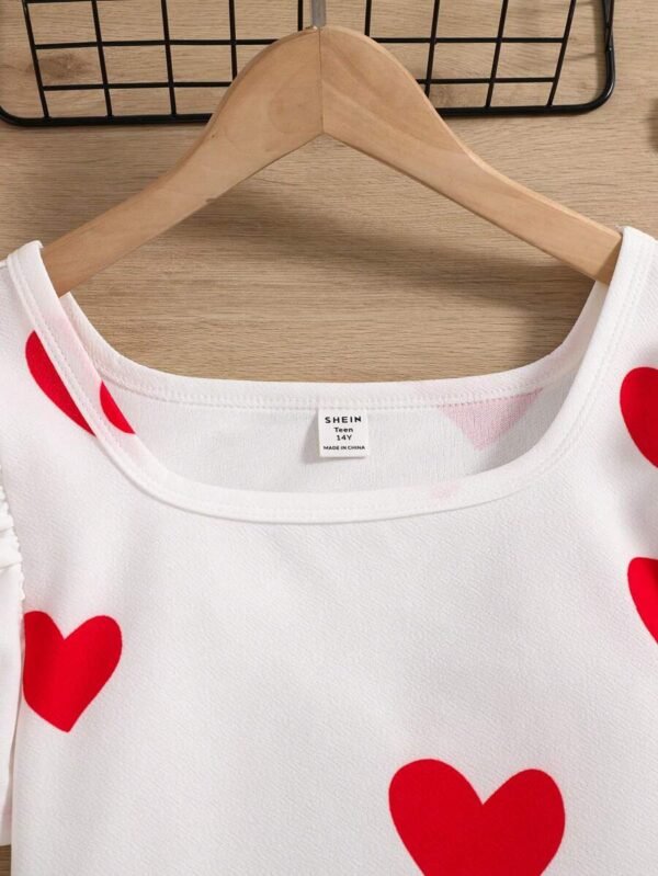 Camiseta Estampada Para Mujeres Adolescentes Con Manga Inflada Y Estampado De Amor - Imagen 3