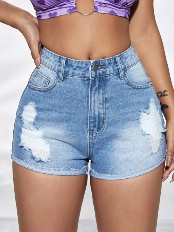 Shorts en mezclilla bajo de doblez con dise?o de desgarro