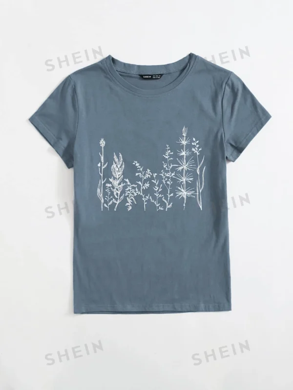 Camiseta con estampado de planta de cuello redondo