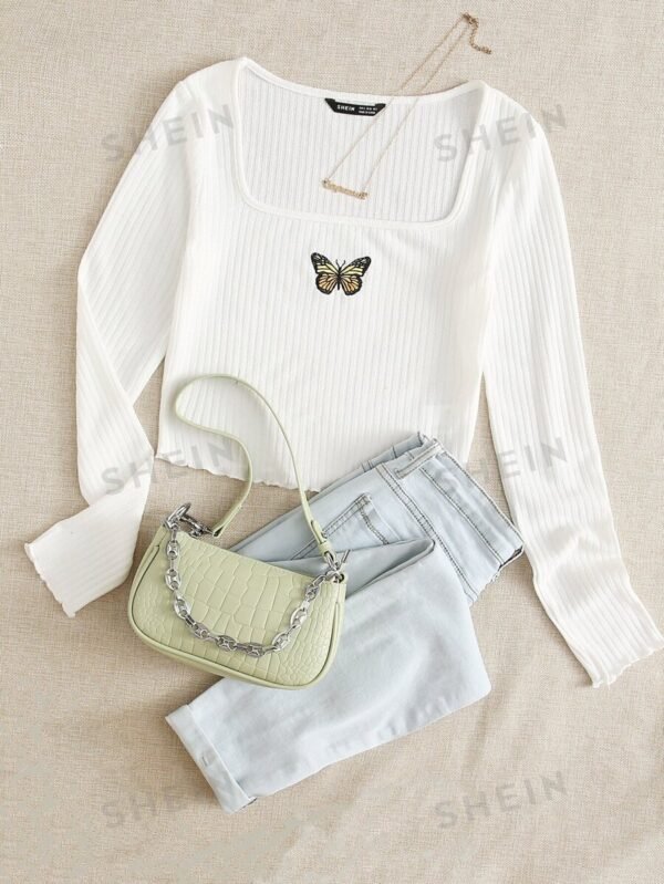 Camiseta tejida de canal? con bordado de mariposa de borde en forma de lechuga
