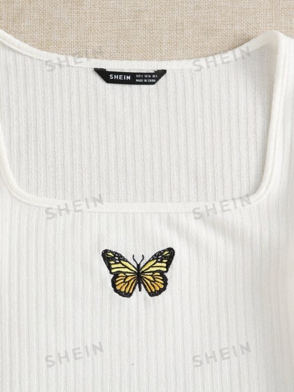 Camiseta tejida de canal? con bordado de mariposa de borde en forma de lechuga - Imagen 3