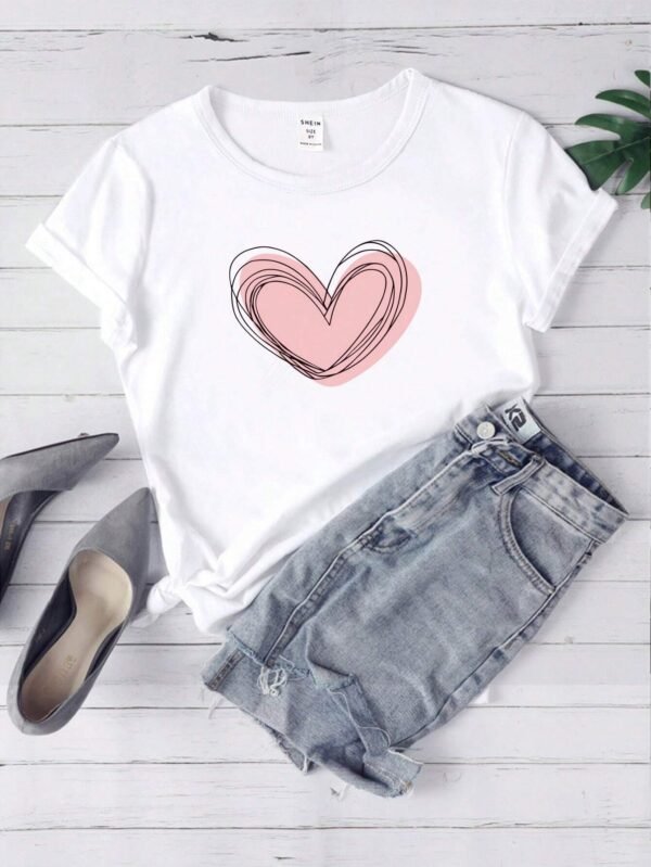 Camiseta De Manga Corta Con Cuello Redondo Y Estampado De Coraz?n