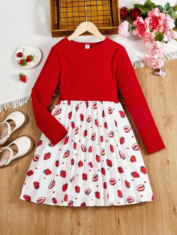 Vestido De Manga Larga Con Estampado De Fresas Y Retales De Canal? De Punto Para Ni?a