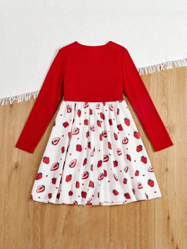 Vestido De Manga Larga Con Estampado De Fresas Y Retales De Canal? De Punto Para Ni?a - Imagen 2