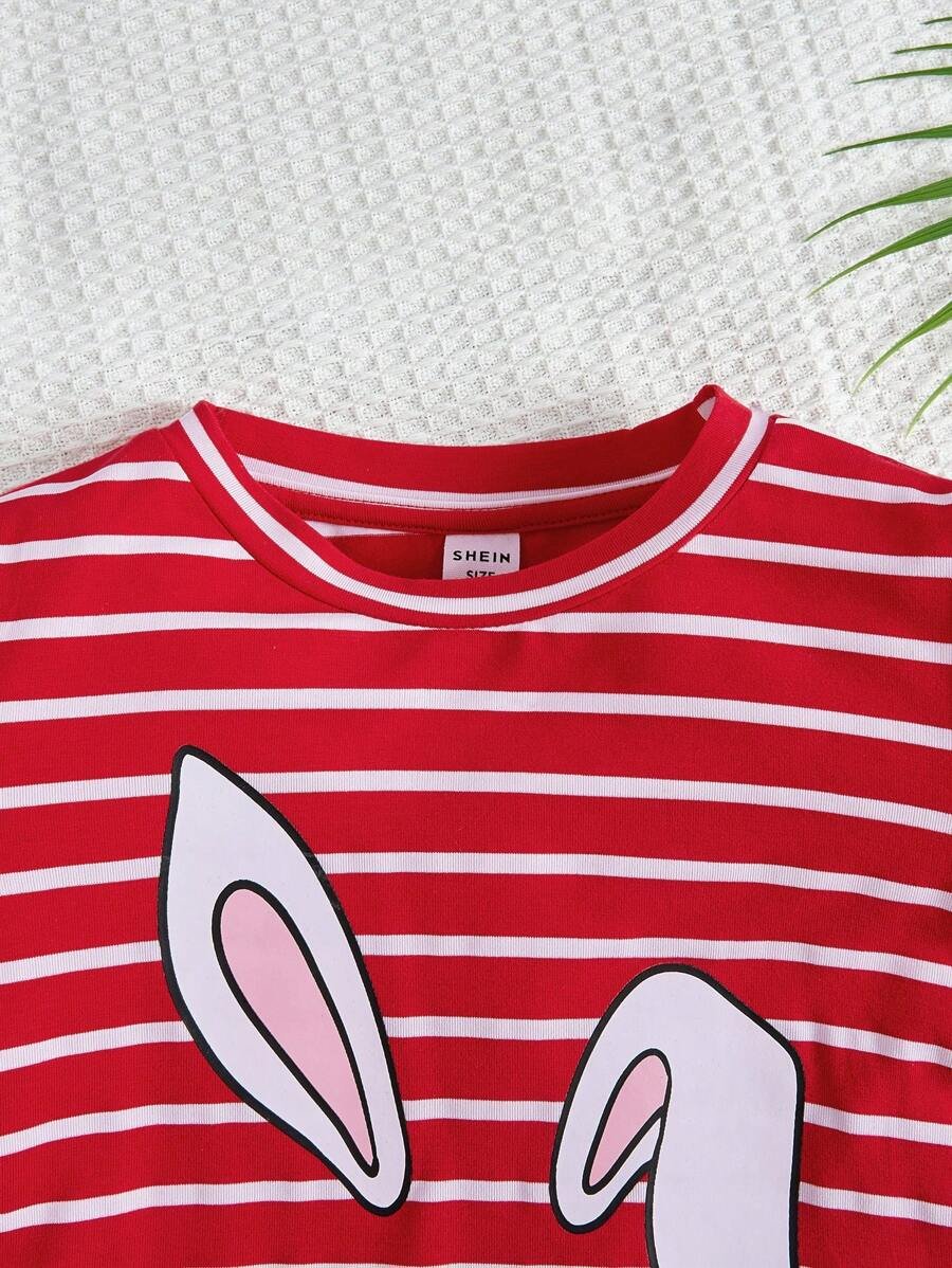 Vestido De Una Pieza Lindo Con Estampado De Conejito En Rayas Para Ni?as Peque?as - Imagen 2