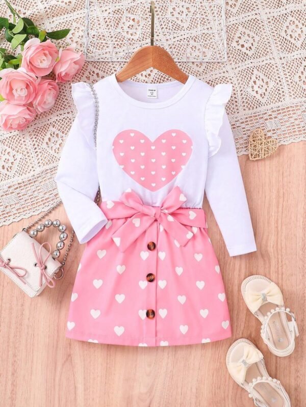 Vestido De Ni?a Con Estampado De Corazones, Volante En El Bajo Y Adornos Decorativos