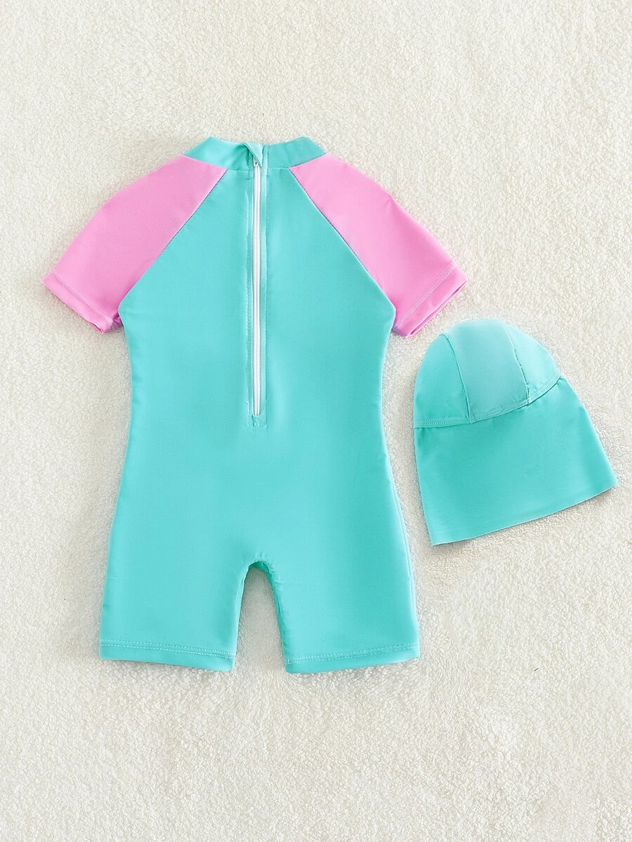 Traje De Ba?o De Una Pieza Con Manga Ragl?n Gr?fica De Caricatura Para Ni?a Beb? Y Gorro De Nataci?n - Imagen 2