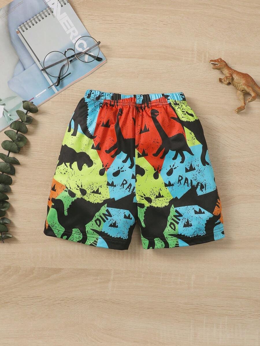 Pantalones Cortos Con Estampado De Dinosaurios Para Ni?os J?venes Con Nudo En La Cintura - Imagen 2