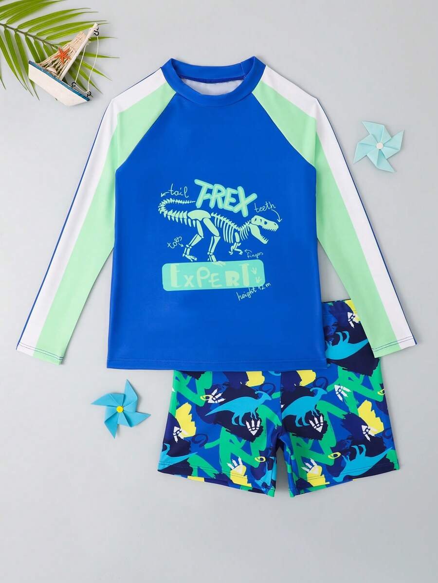 Camiseta De Manga Larga Raglan Con Esqueleto De Dinosaurio E Impresi?n De Letras Y Shorts - Imagen 3
