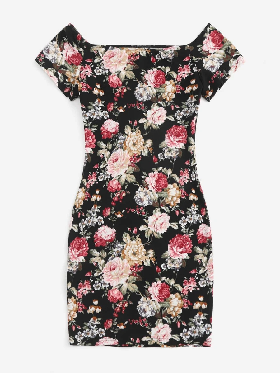 Vestido de hombros descubiertos con estampado floral bajo con abertura - Imagen 2