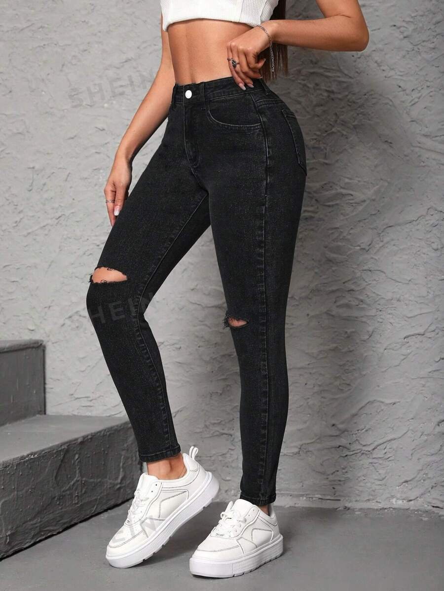 Jeans De Mezclilla De Color S?lido Desgastados Para Mujer - Imagen 3