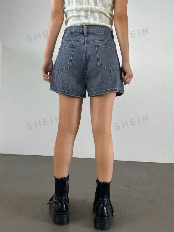 Pantalones Cortos De Mezclilla Para Mujer De Ajuste Recto Regular De Color S?lido - Imagen 2