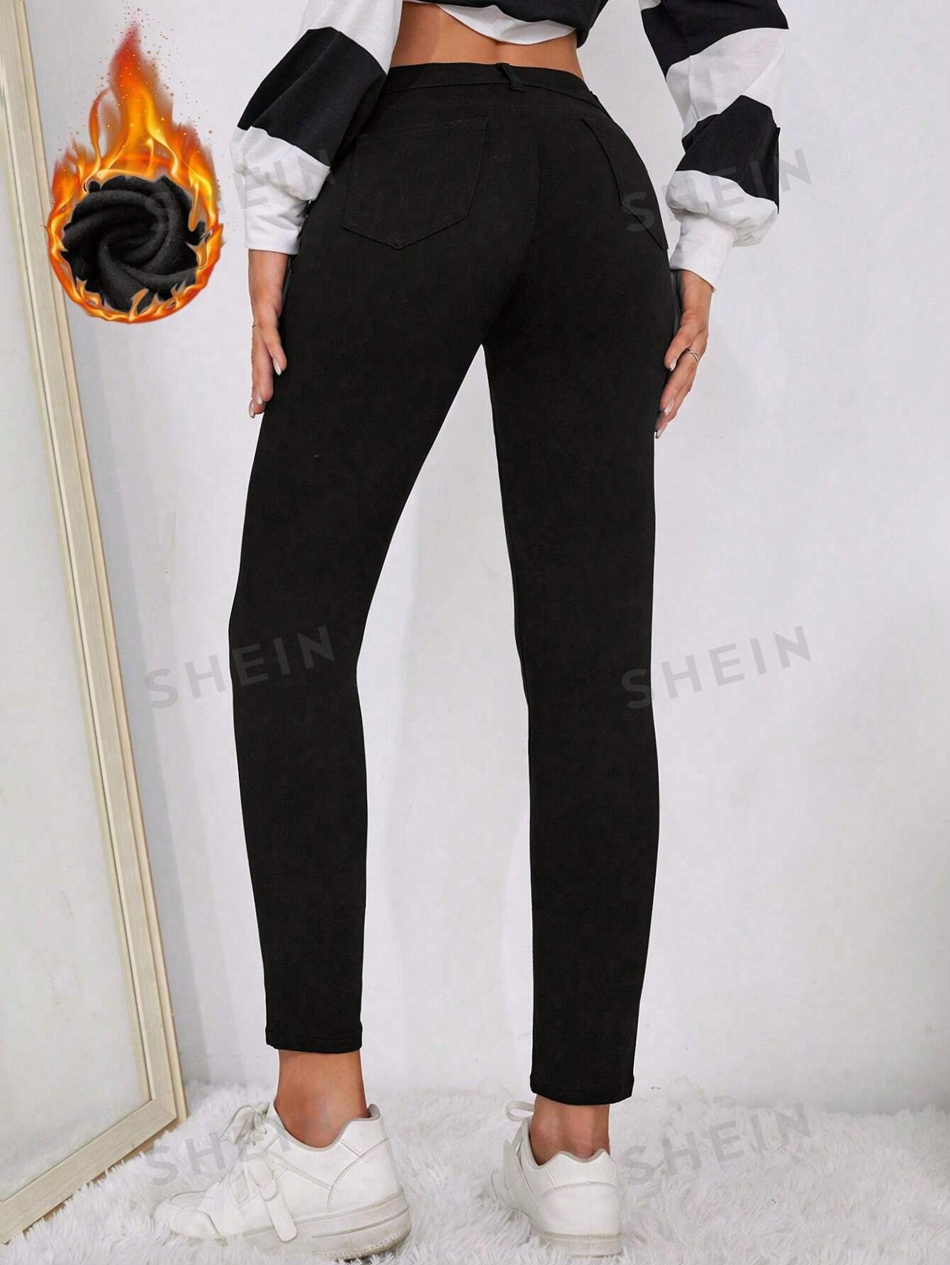 Vaqueros Ajustados Forrados De Lana En Un Solo Color - Imagen 2