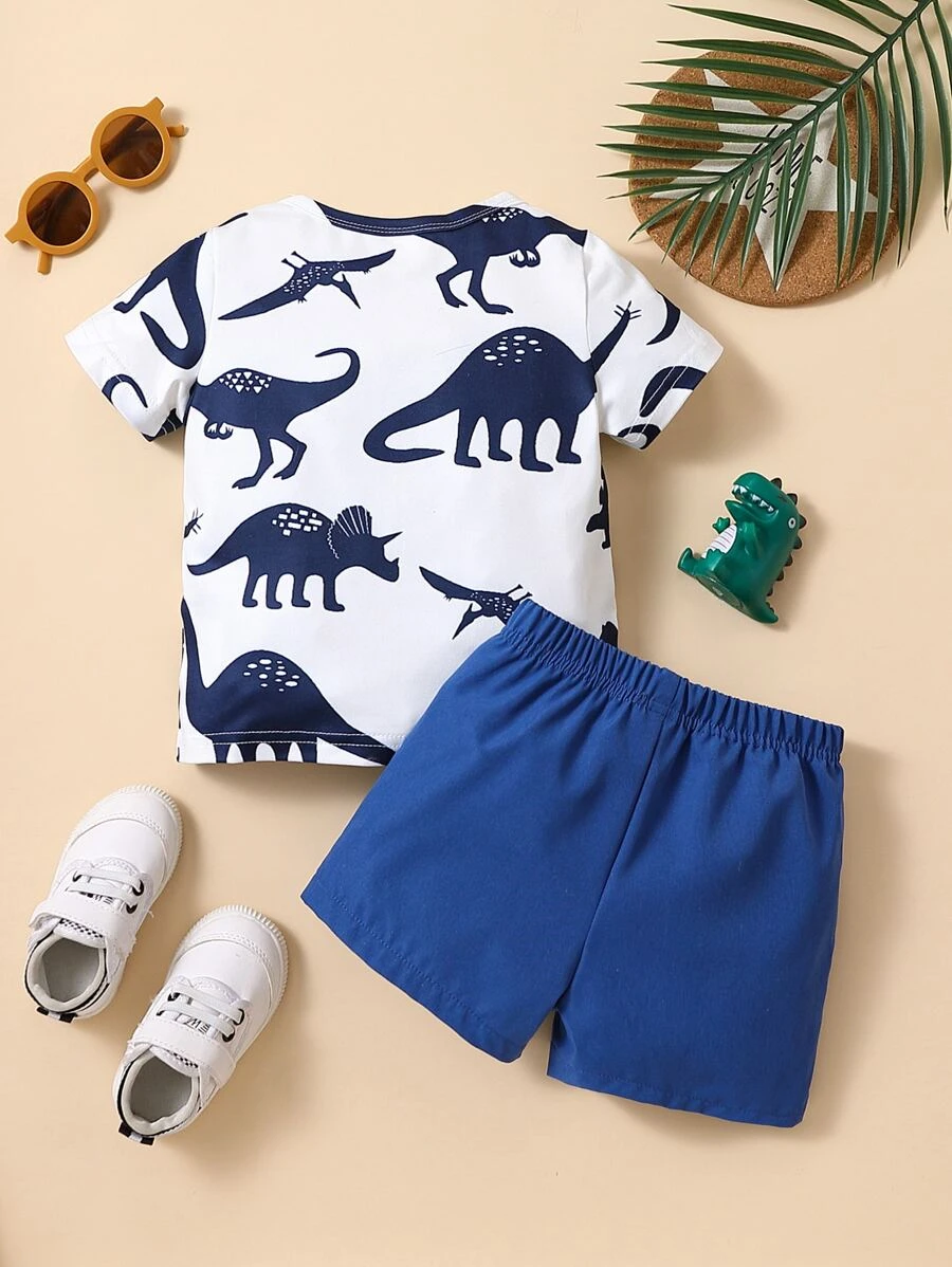 Beb? ni?o Shorts con camiseta con estampado de dinosaurio con parche con bolsillo - Imagen 2