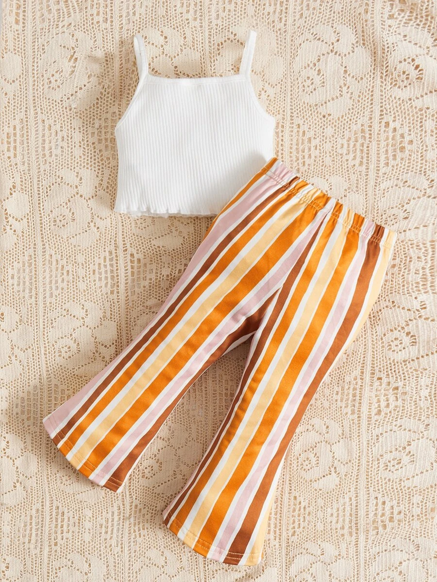 op Estilo Cami Con Letras Y Pantalones De Piernas Acampanadas Con Rayas Para Beb? Ni?a - Imagen 2