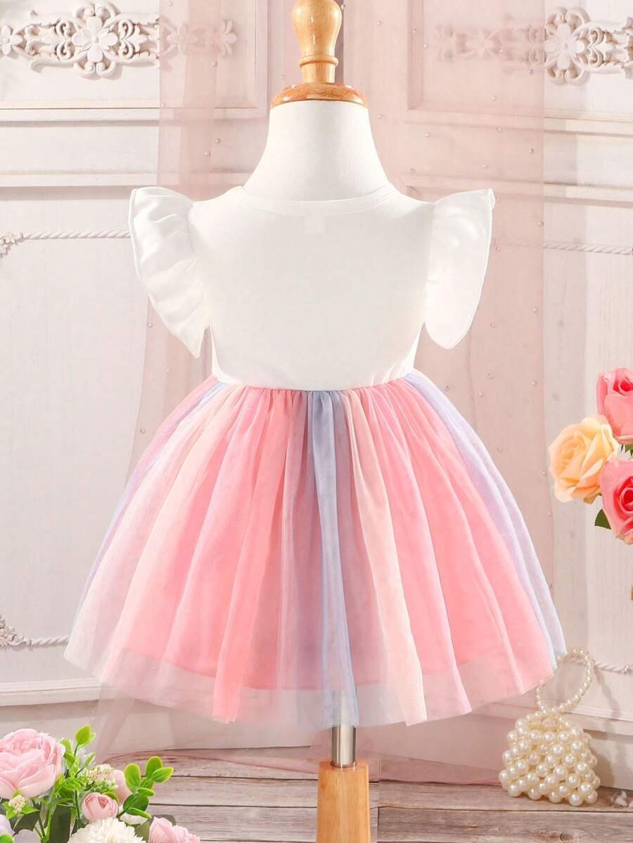 Vestido De Princesa De Malla Con Estampado De Arco Iris De Unicornio Y Mangas Voladoras Para Beb? Ni?a - Imagen 2