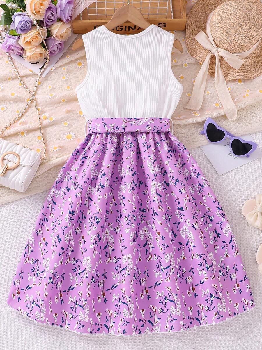 Vestido Sin Mangas Para Ni?as Preadolescentes Con Paneles De Flores Estampados De Colores - Imagen 2