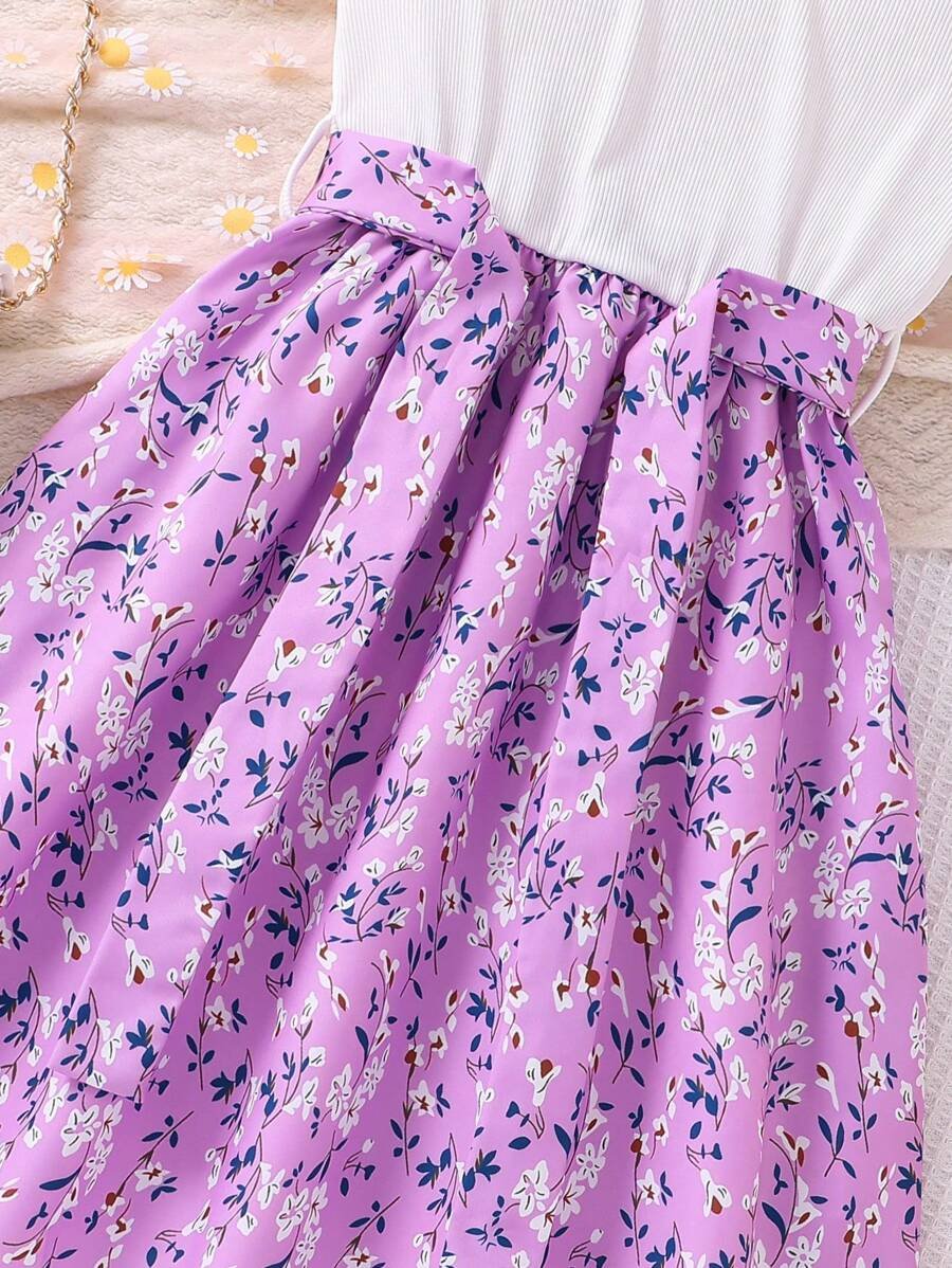 Vestido Sin Mangas Para Ni?as Preadolescentes Con Paneles De Flores Estampados De Colores - Imagen 3