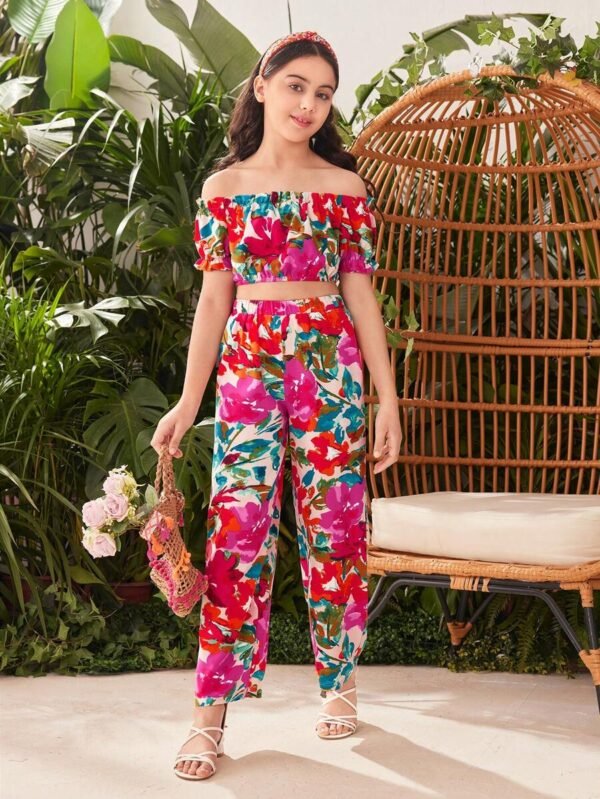 Conjunto De 2 Piezas Para Ni?as Top Tejido Con Dise?o De Flor  Y Pantalones