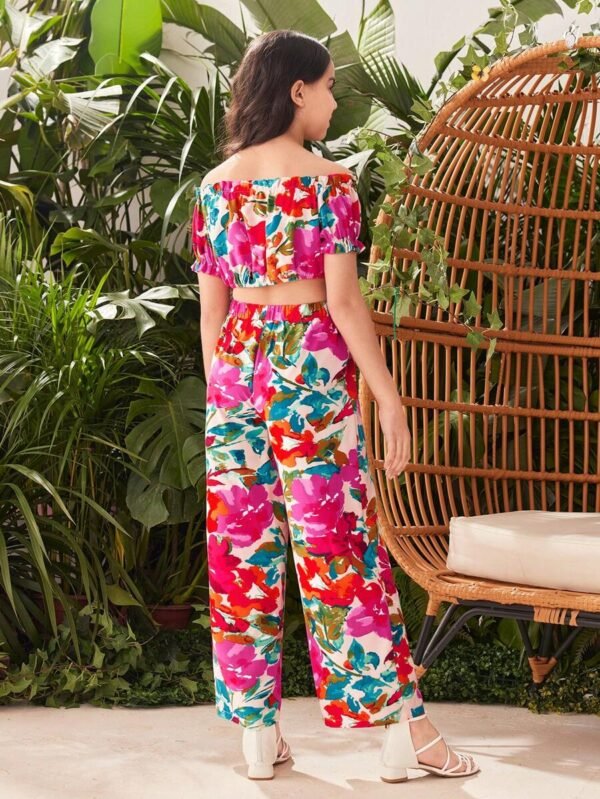 Conjunto De 2 Piezas Para Ni?as Top Tejido Con Dise?o De Flor  Y Pantalones - Imagen 2