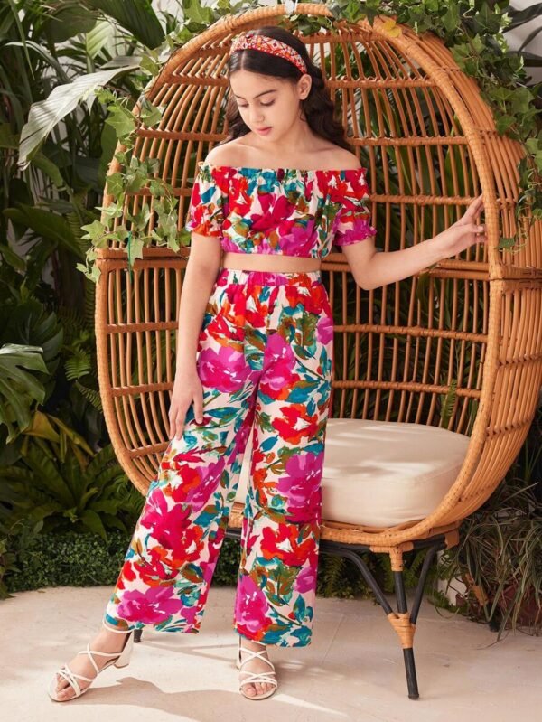 Conjunto De 2 Piezas Para Ni?as Top Tejido Con Dise?o De Flor  Y Pantalones - Imagen 3