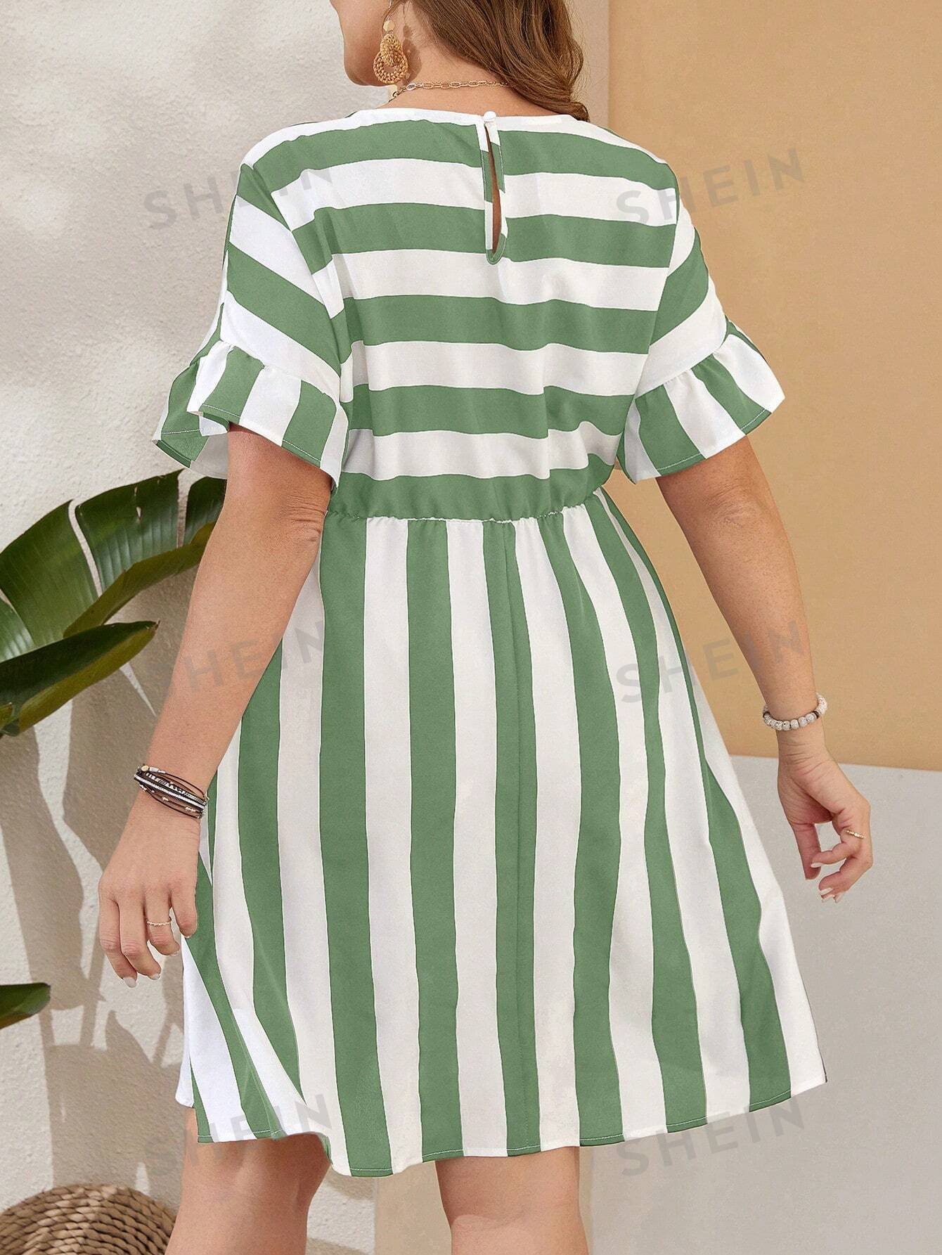 Vestido de tallas grandes con cintura ce?ida, con bloques de colores, rayas, mangas con volantes para el verano - Imagen 2