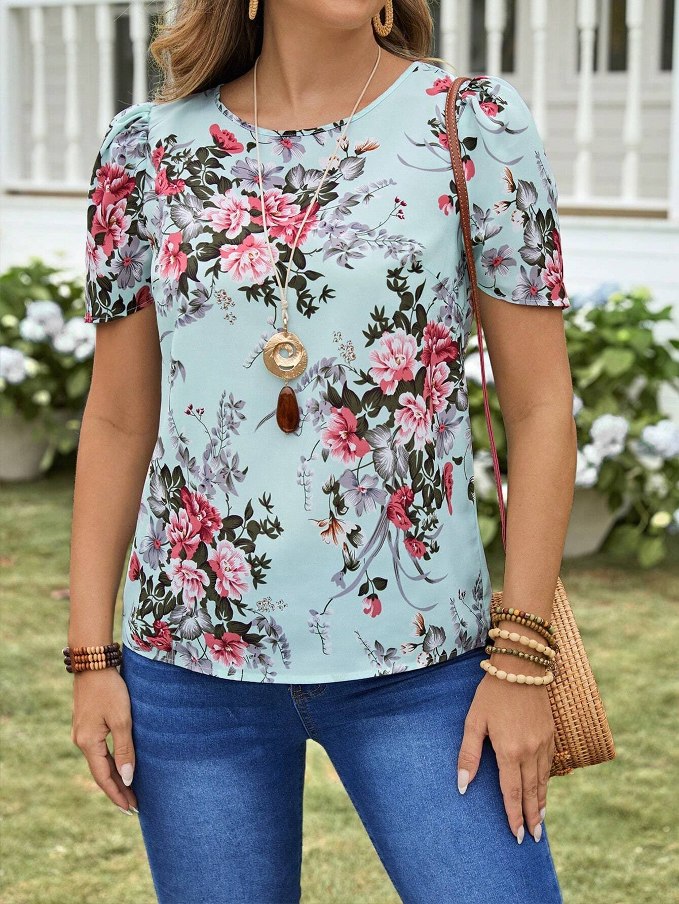 Camisa informal de mujer con cuello redondo y estampado de flores - Imagen 4