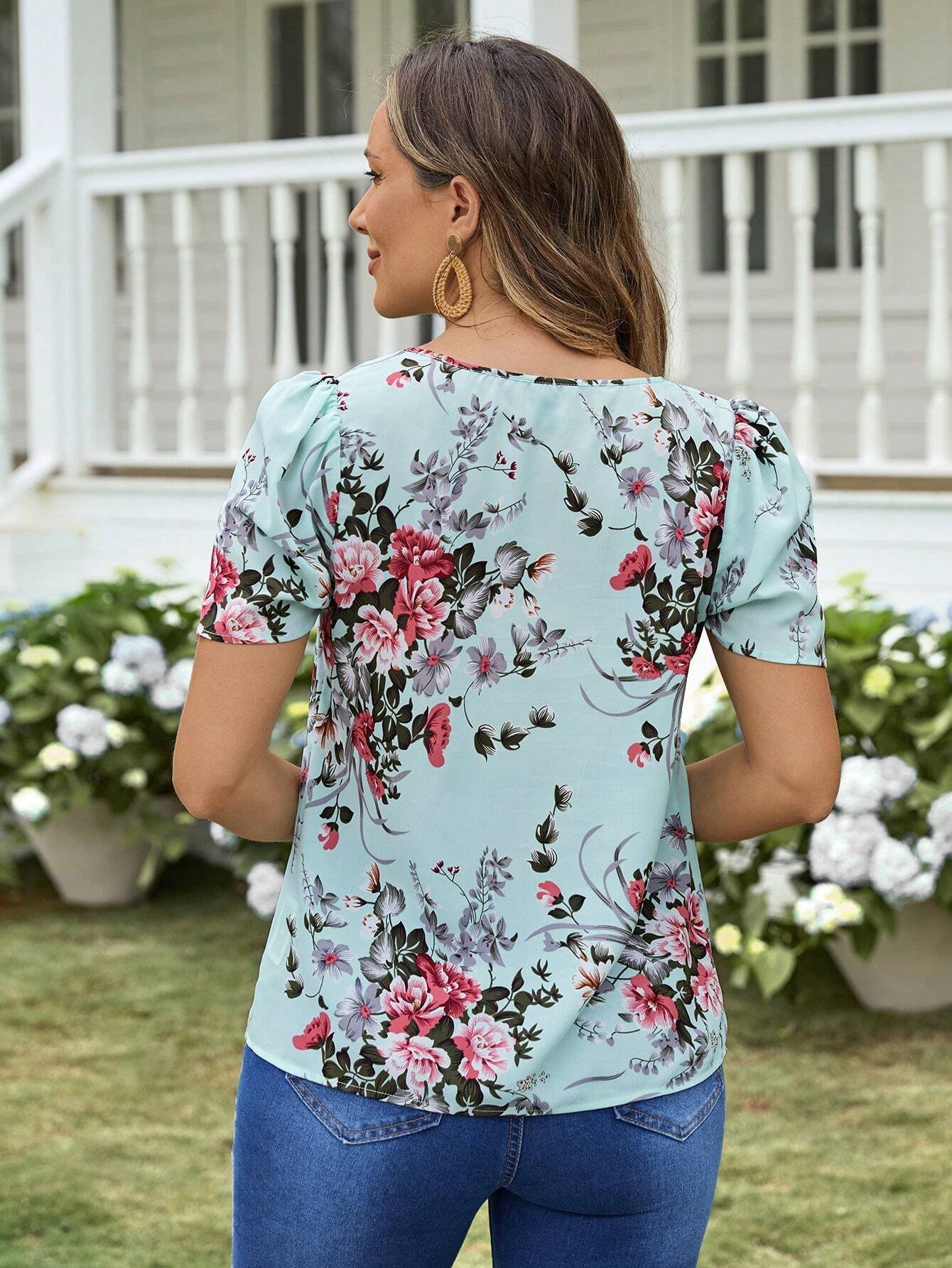Camisa informal de mujer con cuello redondo y estampado de flores - Imagen 3