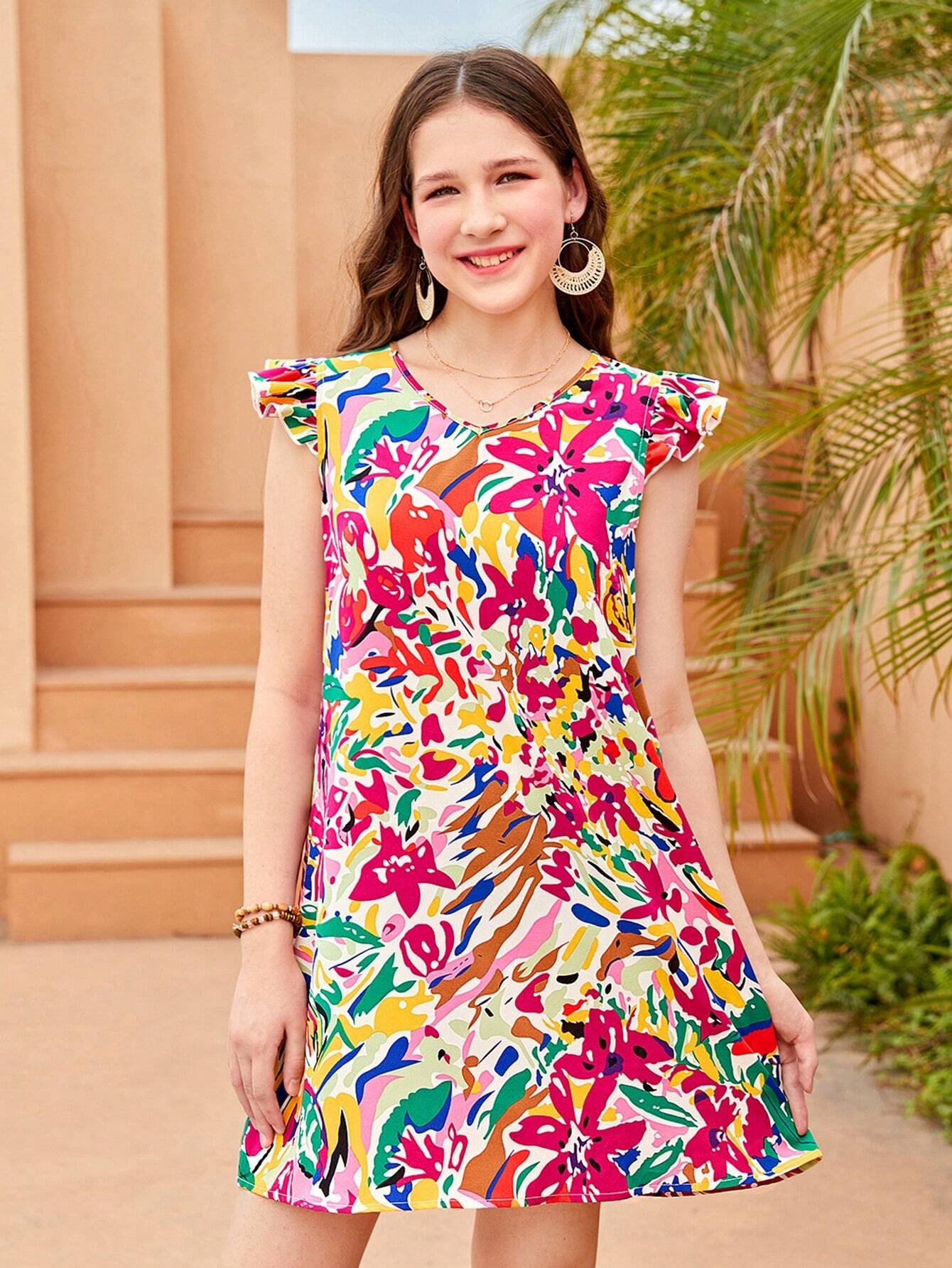 Vestido casual de l?nea A de mangas cortas con escote en V y estampado floral tejido para adolescente - Imagen 3