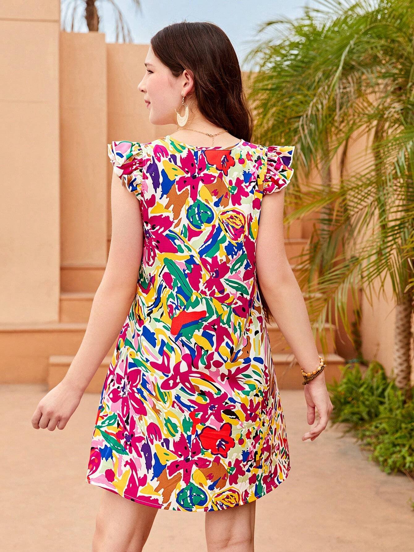 Vestido casual de l?nea A de mangas cortas con escote en V y estampado floral tejido para adolescente - Imagen 2