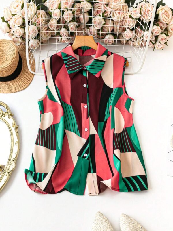 Blusa sin mangas de talla grande con botones delanteros, cuello con solapas