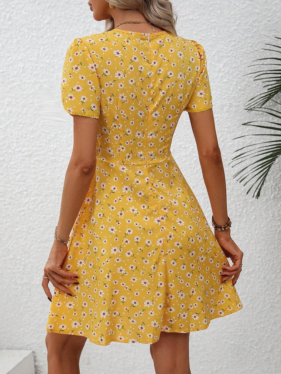 Vestido de verano de mujer con estampado floral peque?o y escote en V y falda mini - Imagen 2