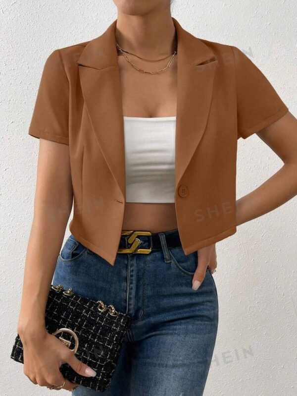 Chaquetilla Corta De Blazer De Manga Corta De Solido Color Con Cuello De Solapa