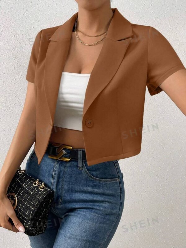 Chaquetilla Corta De Blazer De Manga Corta De Solido Color Con Cuello De Solapa - Imagen 3