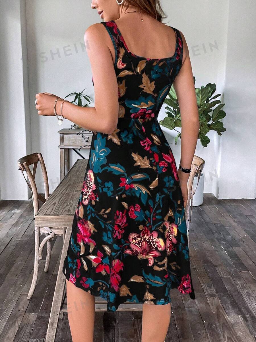 Vestido de primavera para mujer con cuello cuadrado y corte en A con estampado floral - Imagen 2