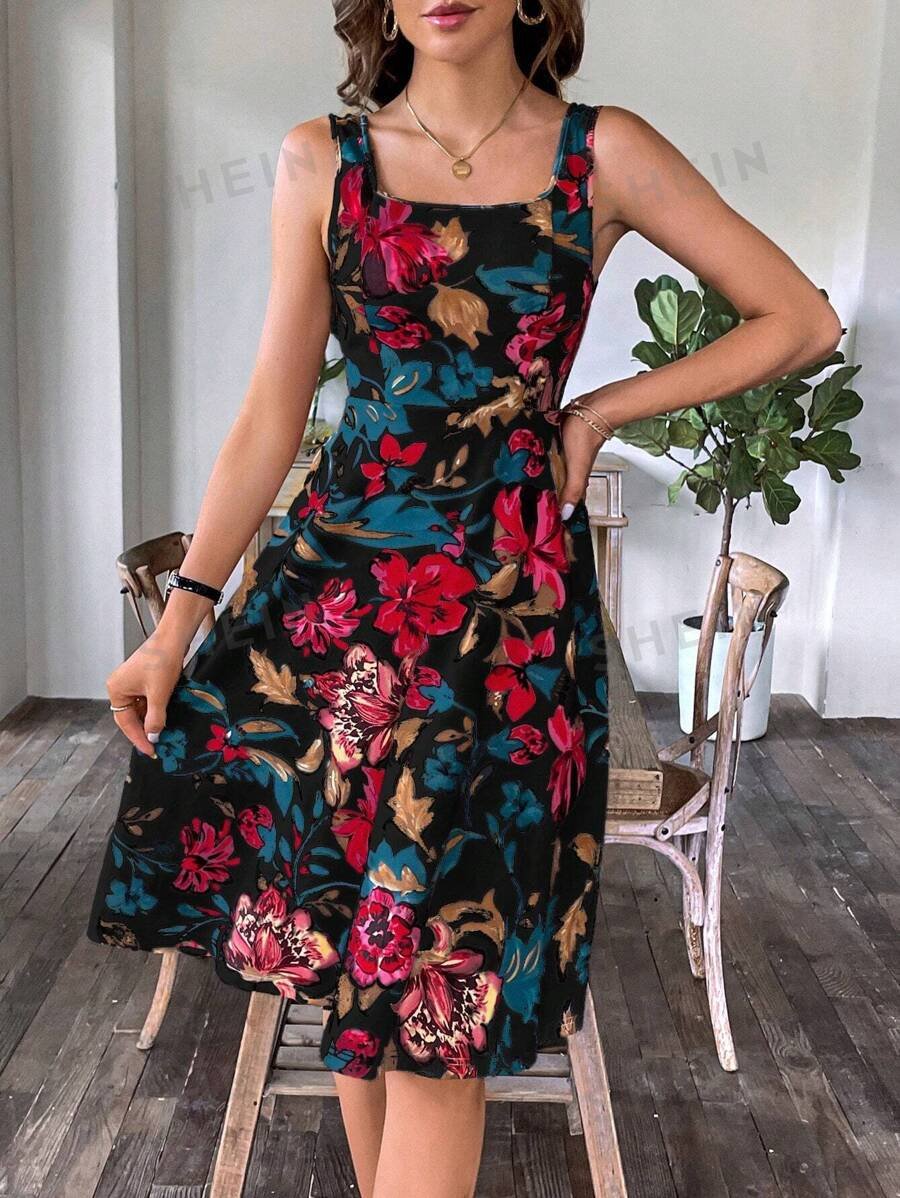 Vestido de primavera para mujer con cuello cuadrado y corte en A con estampado floral - Imagen 3