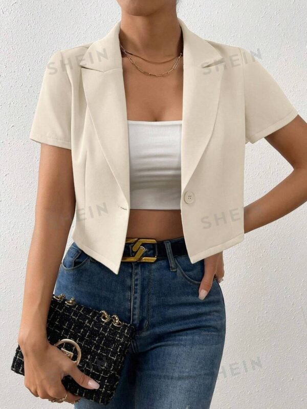 Chaquetilla Corta De Blazer De Manga Corta De Solido Color Con Cuello De Solapa