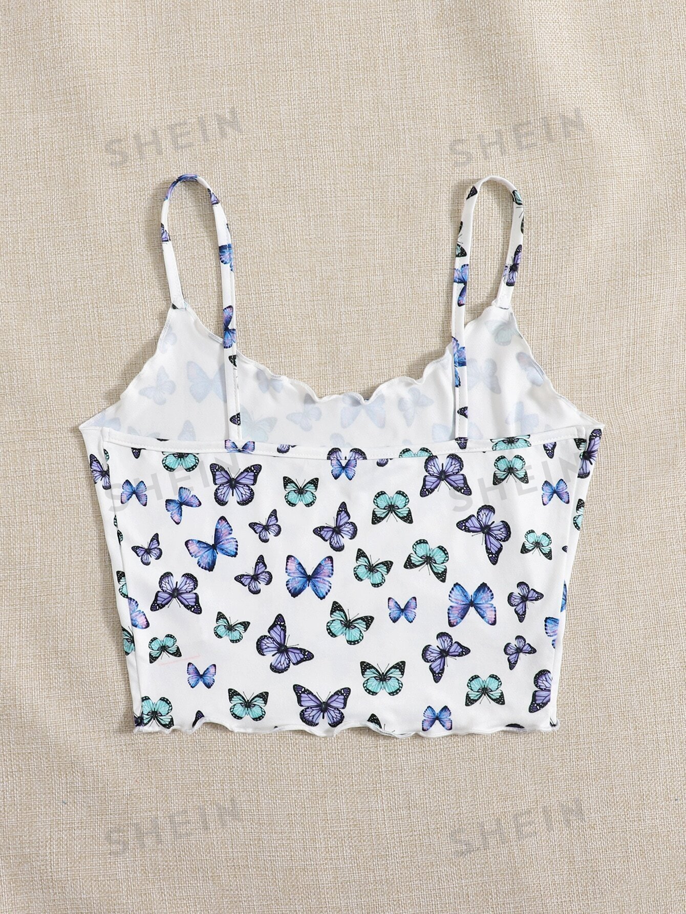 Top de tirantes corto con estampado de mariposa ribete en forma de lechuga - Imagen 3