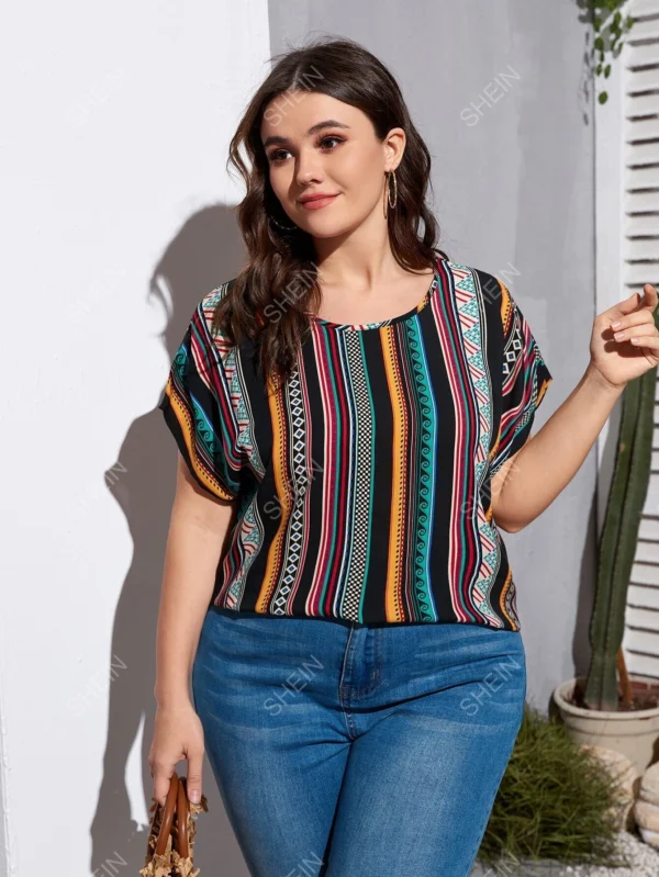 Blusa de rayas verticales & con estampado geométrico de manga murciélago