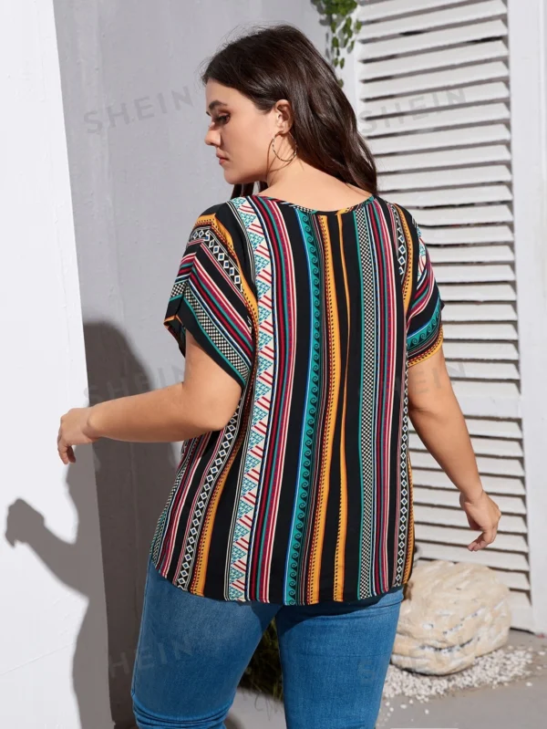 Blusa de rayas verticales & con estampado geométrico de manga murciélago - Imagen 2