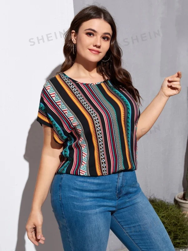 Blusa de rayas verticales & con estampado geométrico de manga murciélago - Imagen 3