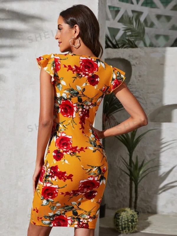 Vestido ajustado de cuello cruzado con estampado floral de manga mariposa - Imagen 2