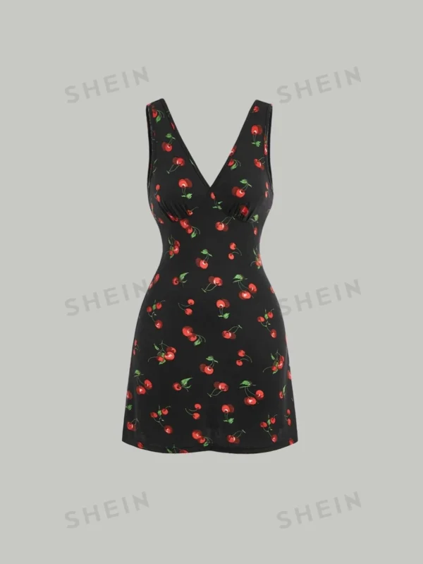 Vestido con estampado de cereza de cuello V