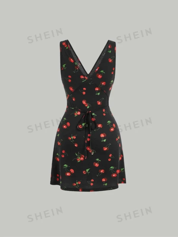 Vestido con estampado de cereza de cuello V - Imagen 2