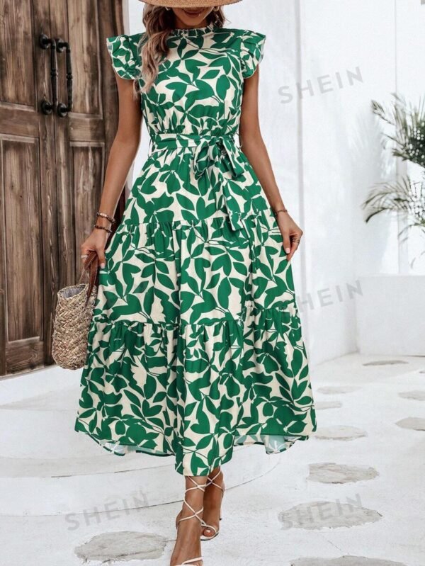 Vestido con cinturón con estampado de plantas bajo con fruncido - Imagen 3