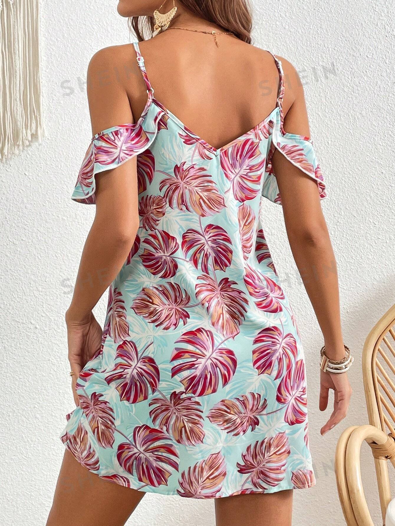 Vestido con estampado tropical de hombros descubiertos - Imagen 4