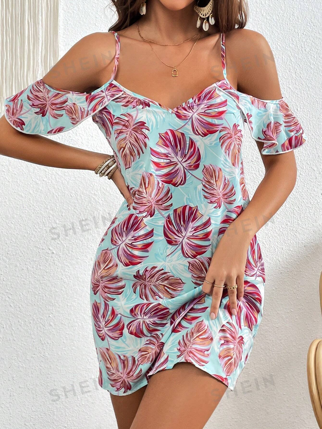 Vestido con estampado tropical de hombros descubiertos - Imagen 3