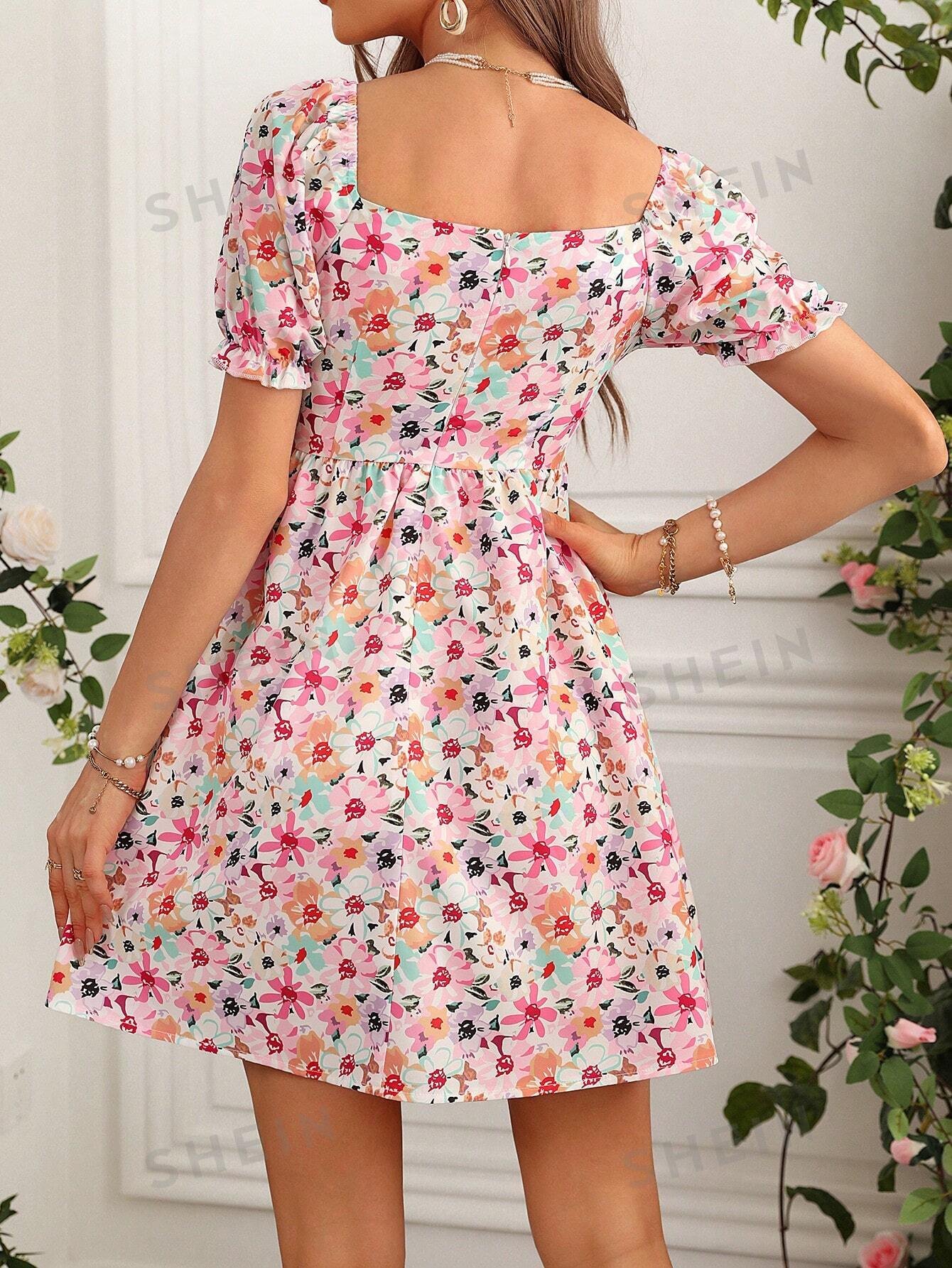 Vestido De Mangas Abullonadas Con Cuello Llamativo Y Diseño Floral - Imagen 3