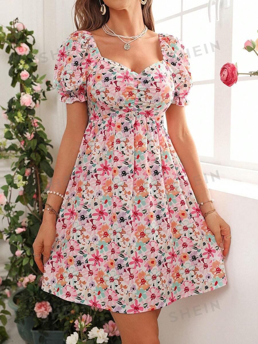 Vestido De Mangas Abullonadas Con Cuello Llamativo Y Diseño Floral - Imagen 2